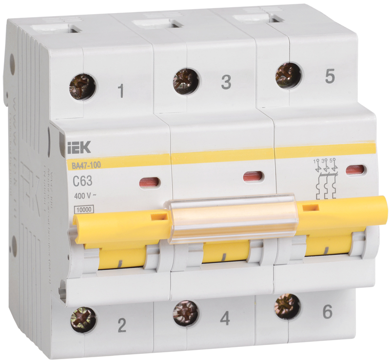 Автоматический выключатель IEK ВА 47-100 C63, 63А, трехполюсный, 10кА .