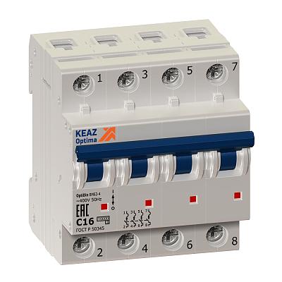 Автоматический выключатель КЭАЗ OptiDin, C16, 16А, четырехполюсный, 6кА (260887)