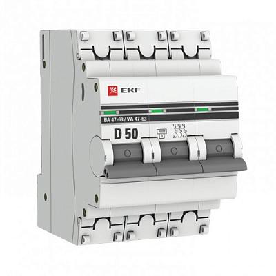 Автоматический выключатель EKF ВА 47-63 D50 PROxima, 50А, трехполюсный, 4.5кА (mcb4763-3-50D-pro)
