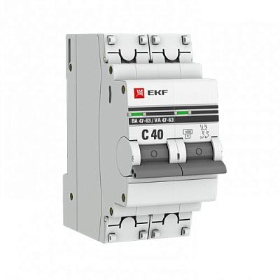 Автоматический выключатель EKF ВА 47-63 C40, 40А, двухполюсный, 4.5кА (mcb4763-2-40C-pro)