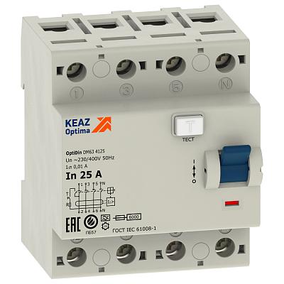 Выключатель дифференциального тока (УЗО), 4П, 25А, 30мА, КЭАЗ OptiDin (254201)