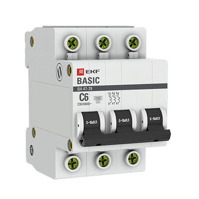 Автоматический выключатель EKF Basic, C6, 3-х полюсный, C6, 4.5 кА (mcb4729-3-06C)