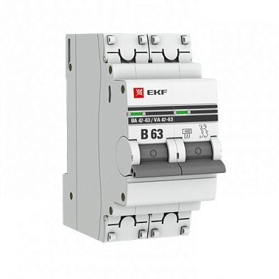 Автоматический выключатель EKF ВА 47-63 В63 PROxima, 63А, двухполюсный, 4.5кА (mcb4763-2-63B-pro)