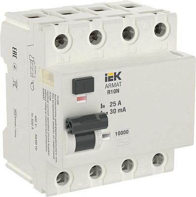 Выключатель дифференциального тока (УЗО) IEK ARMAT, 25 А, 30 мА, AC, четырехполюсный, трехфазный (AR-R10N-4-025C030)