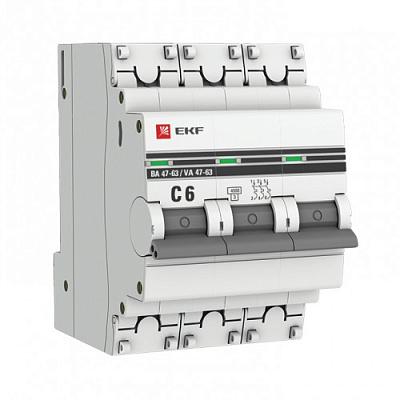 Автоматический выключатель EKF ВА 47-63 C6, 6А, трехполюсный, 4.5кА (mcb4763-3-06C-pro)