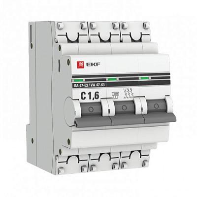Автоматический выключатель EKF ВА 47-63 C1.6 PROxima, 1.6А, трехполюсный, 4.5кА (mcb4763-3-1.6C-pro)